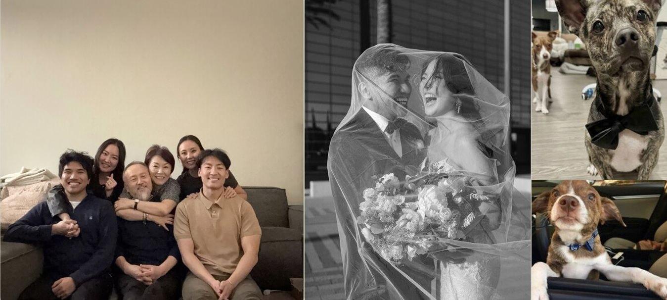 Estele Kim with her family, on her wedding day, and with her two dogs